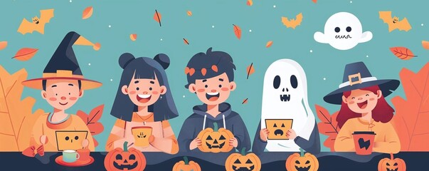 Create an image of a group playing a Halloweenthemed trivia game