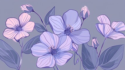 Beautiful vector line art of blue and purple flowers in a flat design with simple shapes creates an elegant look. 