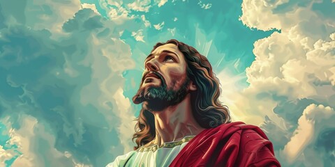 Fototapeta premium Jesus looking up to heaven with a turquoise blue sky and clouds in the background Generative AI