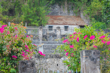 Ruines des bureaux du génie des ponts et chaussées à Saint-Pierre en Martinique, après...