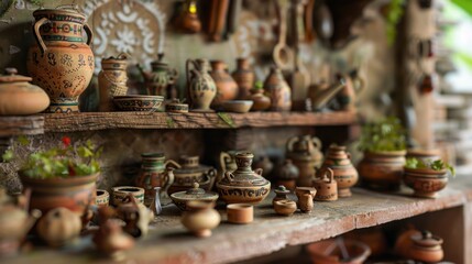 Miniature Thai Kitchen: Intricate Clay Pots and Utensils Close-Up with Detailed Textures