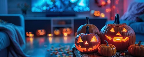 Create an image of a Halloween movie marathon setup at a party