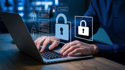 Employee confidentiality concept. Businessman use laptop to access documents data with padlock icon cyber security for managing corporate files and employee information.
