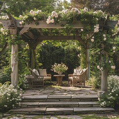 Fototapeta premium Visualize a regal pergola adorned with classic plants such as climbing vines and blooming flowers, exuding grandeur and sophistication