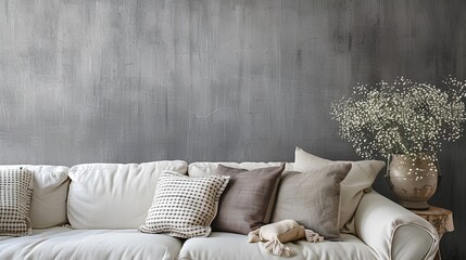  Minimalist gray wall with soft linen sofa and pillows, perfect for creating an elegant living room decor. A rustic wooden table holds fresh flowers adding warmth to the space. 
