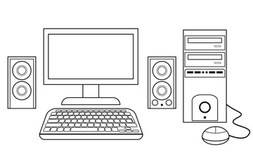 Vector e ilustración de computadora de escritorio con teclado, mouse, monitor y parlantes. Icono de tecnología en blanco y negro para sitio web, app y otros similares. 