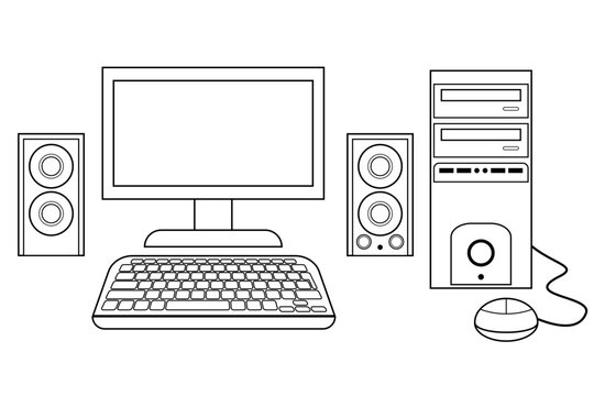 Vector e ilustraci&oacute;n de computadora de escritorio con teclado, mouse, monitor y parlantes. Icono de tecnolog&iacute;a en blanco y negro para sitio web, app y otros similares. 