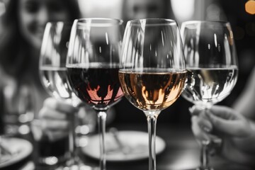 Naklejka premium Happy friends sitting at restaurant tables drinking red wine - multi-racial young people enjoying a rooftop dinner party together - food and drink concepts, tourism concepts