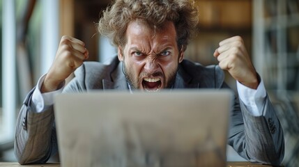 An enraged businessman sits behind his laptop