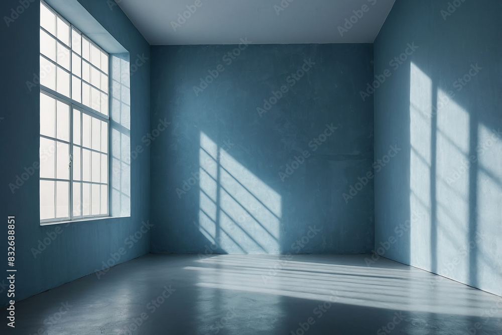 Poster empty blue room with a window and copy space platform
