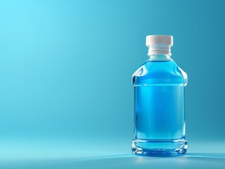 Fresh Breath Concept - Bottle of Mouthwash on Blue Background with Copy Space