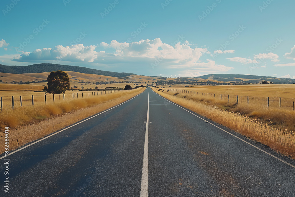 Poster a long, empty road with a tree in the distance