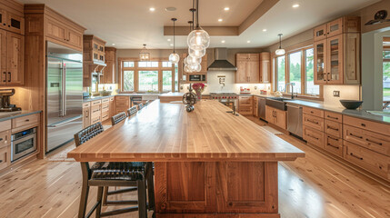 A panoramic view of a spacious Modern Craftsman kitchen highlighting a large island with butcher block countertops and sophisticated pendant lighting