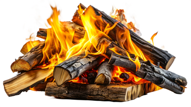 Closeup of burning firewood on white background. AI GENERATED