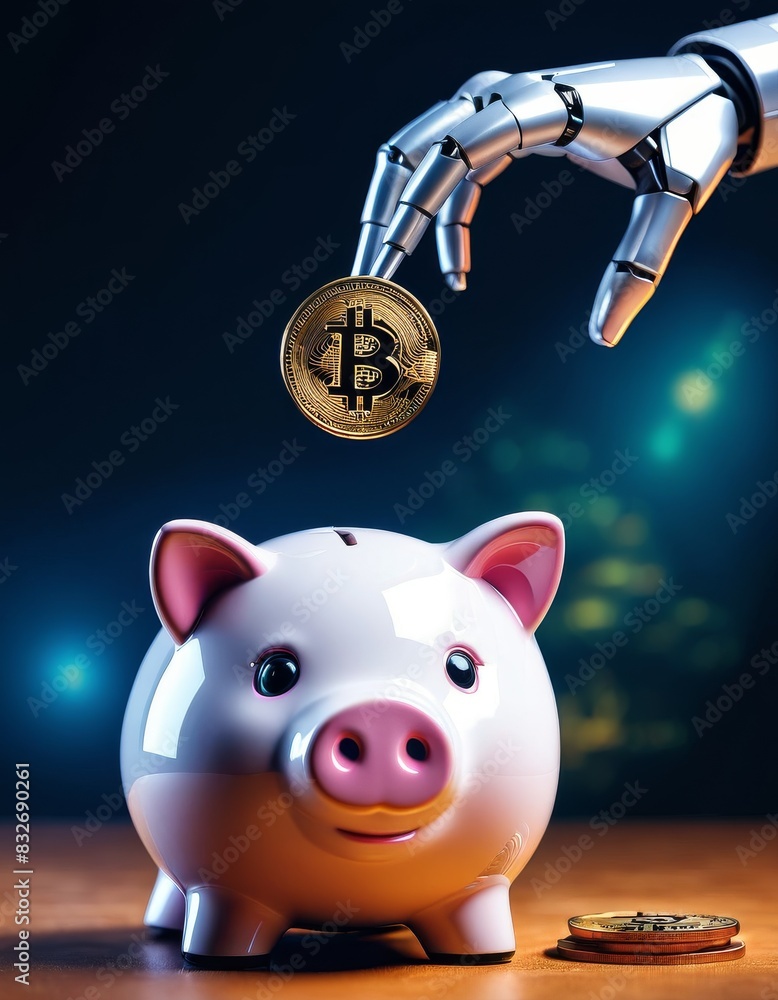 Poster a conceptual image of a robotic hand placing a bitcoin into a piggy bank, illustrating the merging o