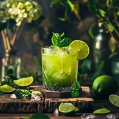 A stylish lime cocktail is presented on a wooden board in an elegantly captured beverage photography.