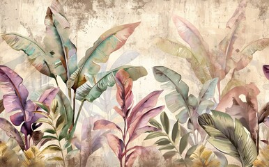 Beautiful seamless floral pattern background with tropical bright palm leaves and exotic plants. Watercolor wallpaper. AI generated illustration