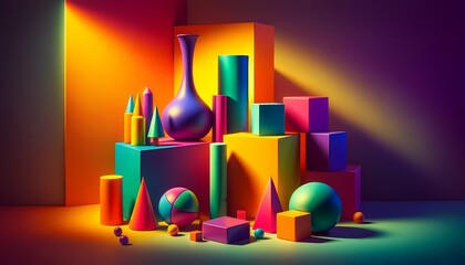 Vibrant arrangement of colorful geometric shapes, including cylinders, cones, cubes, and spheres, set against a bright, multicolored background. The scene is lively and dynamic.