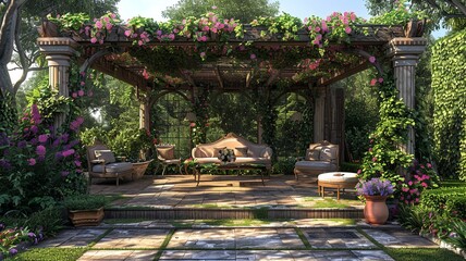 Visualize a regal pergola adorned with classic plants such as climbing vines and blooming flowers, exuding grandeur and sophistication