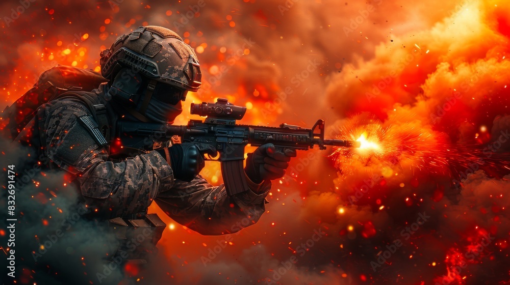 Wall mural Soldier in combat firing rifle with explosive background