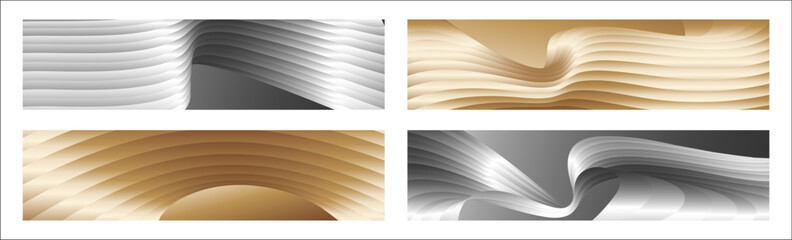 Wavy silver and gold parallel gradient lines, ribbons, silk. Set of 4 backgrounds. Black and white with shades of gray or golden silk. Banner, poster. eps vector
