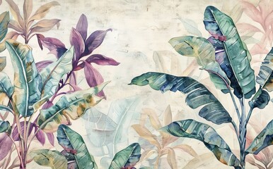 Beautiful seamless floral pattern background with tropical bright palm leaves and exotic plants. Watercolor wallpaper. AI generated illustration