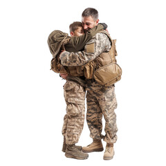 Fototapeta premium Soldier in uniform hugging young child, emotional family reunion, isolated on checkered background