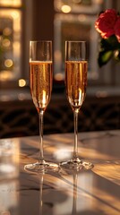 Two delicate champagne flutes, filled with bubbly champagne, are elegantly placed on a table, creating a luxurious and celebratory ambiance.