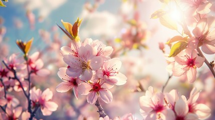 Flowering cherry and peach trees bloom in a park or garden with small blossoms on branches under a sunny sky as Easter approaches