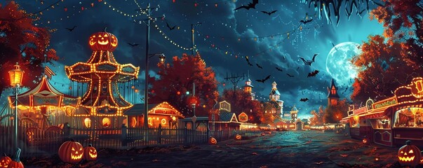 Illustrate a Halloween carnival with games and haunted attractions