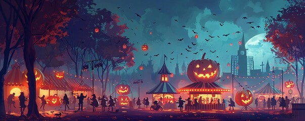 Obraz premium Illustrate a Halloween carnival with games and haunted attractions