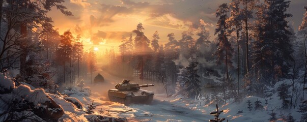 Winter warfare: tanks advancing at sunrise