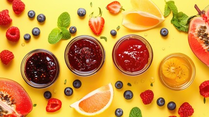 Variety of fruit and berry jams placed near fruit slices on a yellow background seen from above