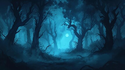 Illustrate a spooky forest with eerie lighting and fog for a Halloween event