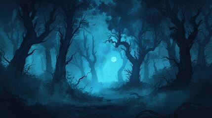 Obraz premium Illustrate a spooky forest with eerie lighting and fog for a Halloween event