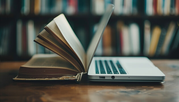 An open book and a laptop side by side on a wooden table in a library. The image symbolizes the blend of traditional and modern education methods.