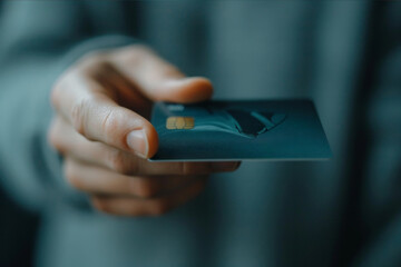 A hand holding a credit card, presenting it forward with a clear view of the card details.. AI generated.
