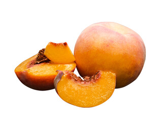 Set of peach, peach halves and peach wedges.