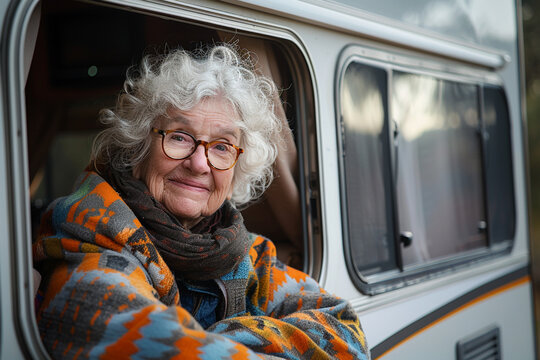 elderly retired woman leans out of Campervan trailer rv window