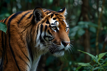Fototapeta premium A fierce tiger stalking through a dense jungle, its eyes fixed on its prey.
