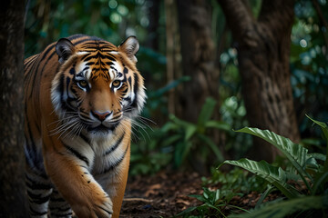 Obraz premium A fierce tiger stalking through a dense jungle, its eyes fixed on its prey.