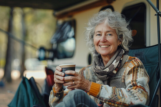 Happy senior woman holding coffee cup while sitting by travel trailer in forest