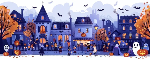 Create an image of a Halloween parade with floats and costumed participants