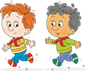 Cheerful little boys merrily running, jumping and playing catch up on a playground, vector cartoon illustration on a white 