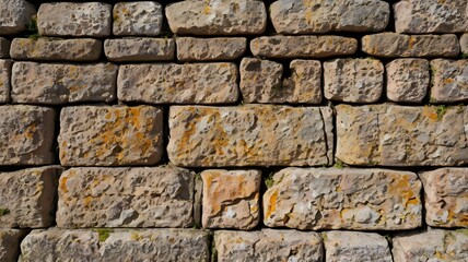Antique stone wall of an 18th century castle or fortress with weathered and cracked bricks in close-up view.