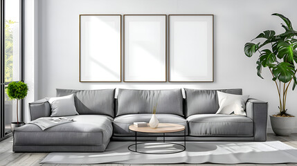Mockup frame in modern living room interior with a minimalist design and grey sectional sofa. Gen AI