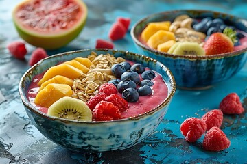 A refreshing fruit salad in a blue bowl, served on a table with a green backdrop.