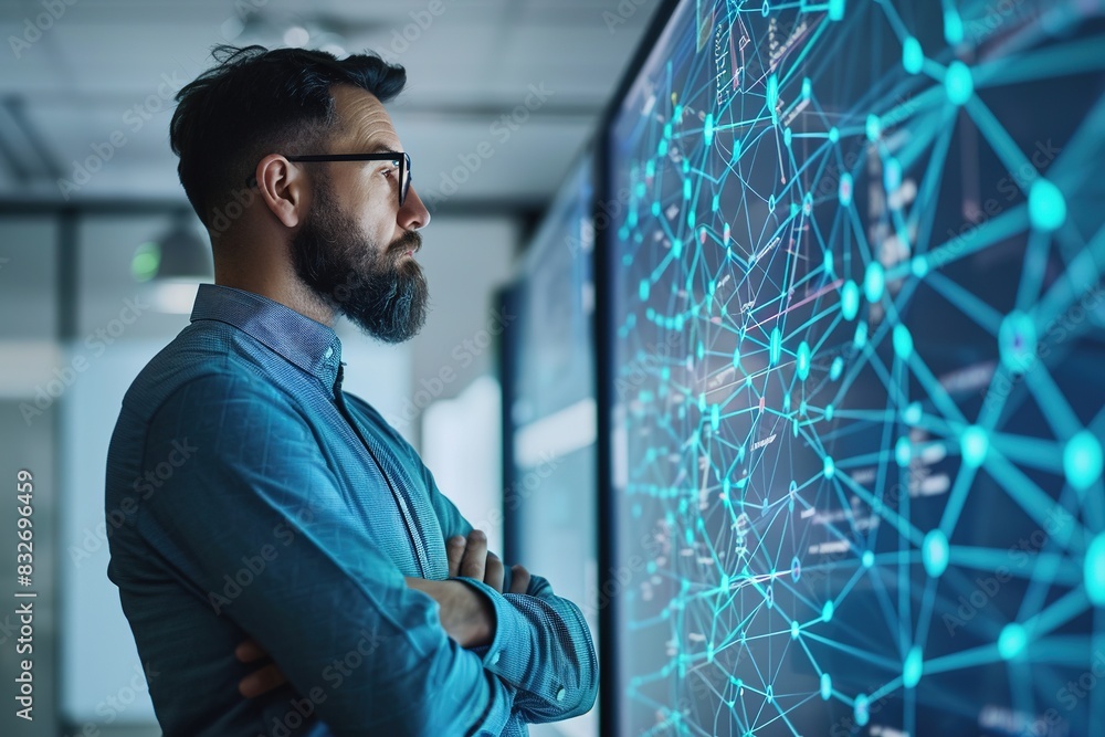 Poster man studying digital screen with glowing network graphic.