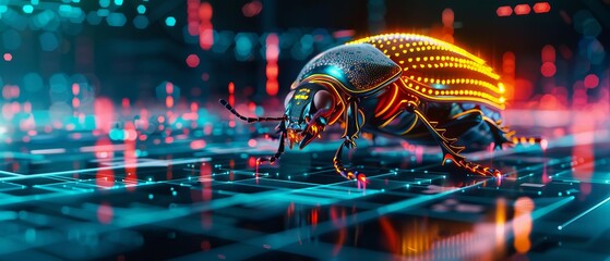 A beetle with neon lights on its shell, crawling over a digital screen, close up shot, focus on main subject, with HUD hologram, hitech style, with copy space