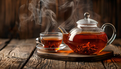 Hot tea in glass teapot and cup with steam on wood background